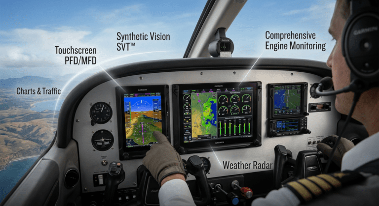 Closeâ€‘up of the Garmin G500 TXi touchscreen flight display showing highâ€‘resolution avionics data.