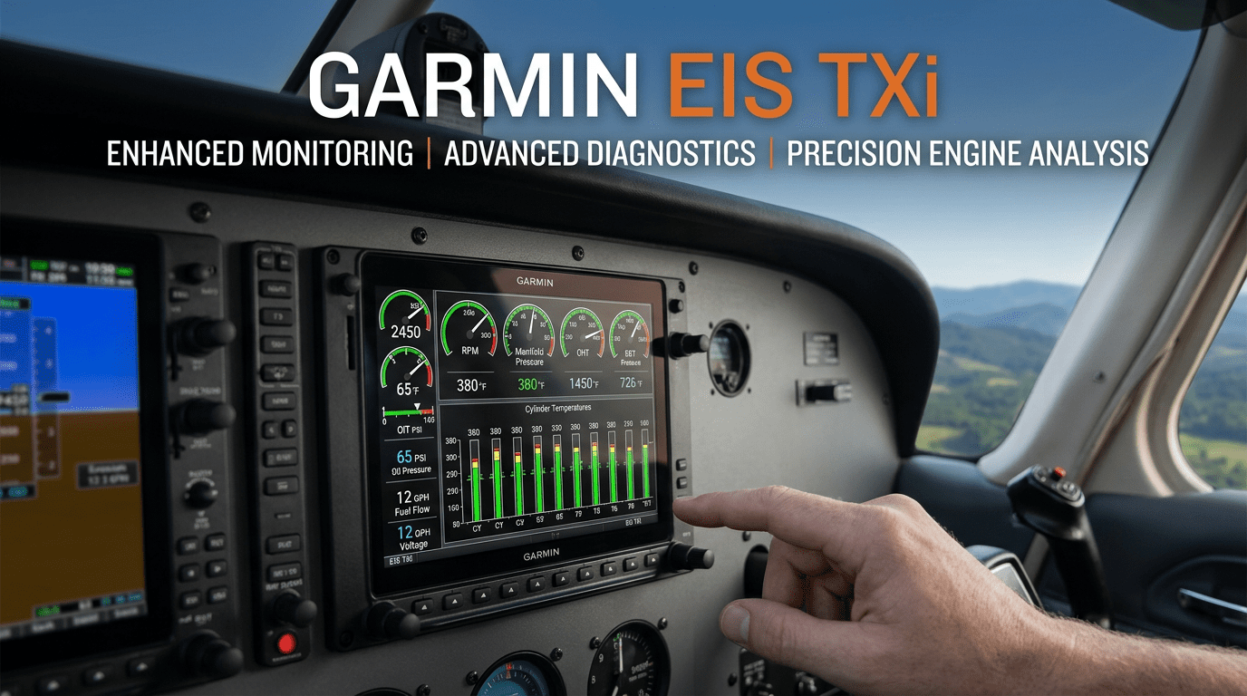 Garmin EIS TXi engine indication system displaying engine, fuel, and electrical data on a TXi touchscreen display