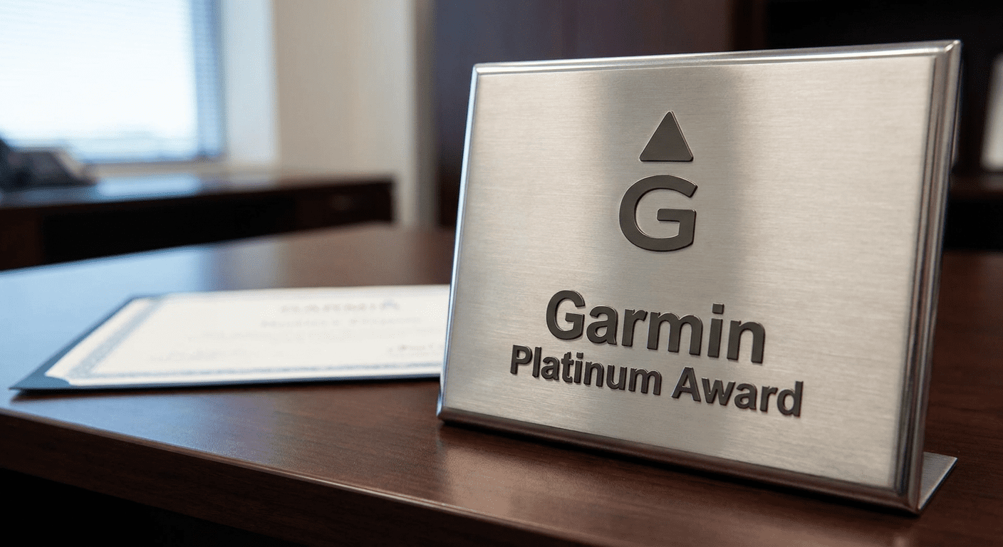 Garmin Platinum Award presented to an elite aviation dealer for excellence in avionics sales, technical expertise, and customer service